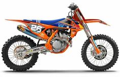 an orange and blue dirt bike is shown on a white background with the words ktm 250 sx factory edition 2007