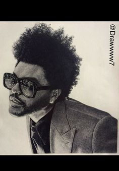 a drawing of a man wearing glasses and a suit with an afro haircut on his head