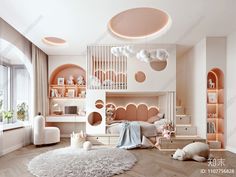 a child's bedroom decorated in pink and white