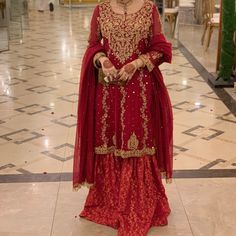 Fully Embroidered Red Shirt And Banarsi Ghrara Only Worn Once Last Month. Brand New Pefect For Wedding. Peplum Styling, Peplum Styles, Red Shirt, Lady In Red, Custom Made, Shirt Style, Wedding Dresses, Brand New, Womens Dresses