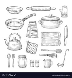 hand drawn kitchen utensils and cookware on white background, sketched illustration