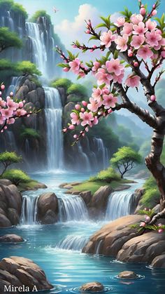 a painting of a waterfall with pink flowers