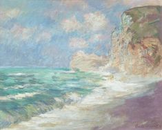 a painting of waves crashing on the beach with cliffs in the background and blue sky