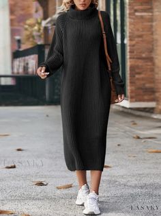 Lasaky - Long-Sleeved Knitted Turtleneck Sweater Dress for Winter, Loose Fit, Knee-Length, Perfect for Casual, Layered or Standalone Look Boho Chic, Casual Turtleneck, Modest Maxi, Raglan Sleeve Sweater, Long Knitted Dress, Long Sweater Dress, Korean Casual, Ribbed Knit Sweater, Knit Sweater Dress