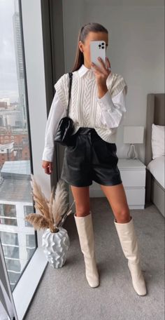 Chic Over-the-knee Fall Boots, Chic Knee-high Boots For Fall Party, Fall Beige Over-the-knee Boots, Chic White Knee-high Boots For Fall, Winter Beige Knit Skirt, Classy Work Outfits, Fashion Hacks Clothes, Outfit Combinations, Mode Inspiration