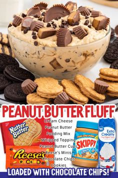 an advertisement for peanut butter fluff with cookies and crackers