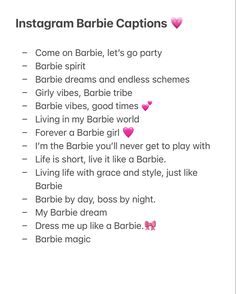 an instagram page with the words instagram barbie captions in pink and black