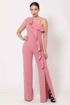 ImportedS.M.L.One Shoulder Ruffle JumpsuitDouble Layered Ruffle on the Side , One Side Front Wide Slit on the Pants, Thick StrapFlared Leg Design, Zipper on Side95% Polyester 5% Spandex Dark Mauve VAL One Shoulder Ruffle Jumpsuit Item Measurements: SIZE SMeasurements: SIZE SLength:" Waist:" Bust:" Dark Mauve, Ruffle Jumpsuit, Pant Suit, Leg Design, Shoes Shop, Women's Tops, Jumpsuits For Women, Elevate Your Style, Ruffles