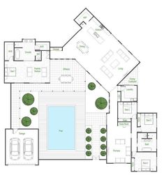 the floor plan for a modern house with swimming pool and outdoor living area, surrounded by two car garages