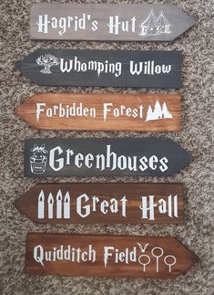 four wooden signs with different types of words on them sitting on the floor in front of a carpeted area