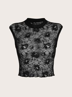 Top con encaje floral Negro Sexy  sin mangas Tela tejida Liso  Elástico Alto  Women Clothing, size features are:Bust: ,Length: ,Sleeve Length: Crop Top Encaje, Unsleeping City, Denim Top Women, Thrift Inspo, Creation Station, Womens Lace Tops, Shein Icon, Womens Denim Dress, Floral Lace Tops