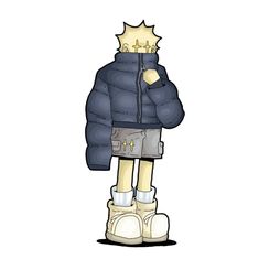 a drawing of a person in a blue jacket and white boots with a crown on their head