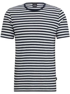 navy blue white cotton-linen blend stripe print logo patch to the side crew neck short sleeves straight hem Linen Tshirts, Dolce E Gabbana, T Shirt Vest, Print Logo, Stripe Print, Hugo Boss, Cotton Linen, White Cotton, Patch Logo