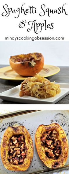 baked spaghetti squash and apples with text overlay that reads spaghetti squash and apple halves