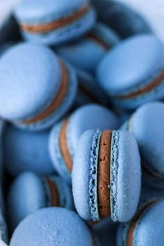 some blue macaroons are in a bowl