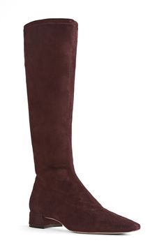 A stretchy shaft in a knee-high silhouette and square toe add modern elements to this supple suede boot lifted by a modest block heel. Side zip closure Leather upper, lining and sole Made in Brazil Modern Elements, Suede Boots, Knee High Boots, Side Zip, Knee High, Block Heels, Espresso, Brazil, Womens Boots