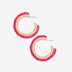 Eve Ombre Beaded Hoop Earrings Hot Pink/Coral Summer Beaded Dangling Earrings, Colorful Bead Earrings For Spring, Beaded Hoop Earrings For Spring, Trendy Summer Small Hoop Beaded Earrings, Colorful Beads Hoop Earrings For Party, Spring Earrings With Colorful Beads, Summer Party Hoop Earrings With Colorful Beads, Trendy Beaded Hoop Earrings For Summer, Spring Round Beaded Earrings