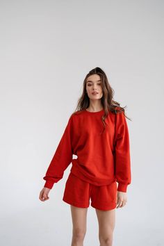 Red Short Outfits For Women, Sporty Red Shorts For Loungewear, Red Shorts For Loungewear, Red Cotton Sports Set, Red Fall Tracksuit Sportswear, Red Shorts Outfit, Sporty Red Cotton Shorts, Athleisure Photoshoot, Red Tracksuit