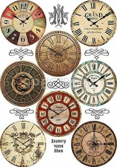 an assortment of different clocks with roman numerals and numbers on the faces, all in various colors