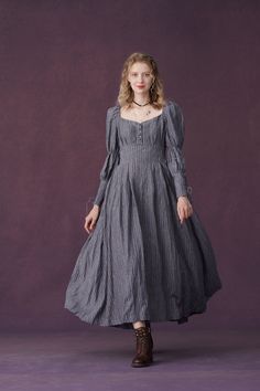 Elegant Prairie Dress With Fitted Bodice And Square Neck, Elegant Prairie Dress With Fitted Bodice And Empire Waist, Elegant Prairie Dress With Empire Waist, Regency Style Fitted Linen Dress, Spring Regency Style Maxi Dress With Empire Waist, Fitted Linen Regency Style Dress, 1890s Casual Dress, Victorian Gray Dress, Fitted Linen Regency Dress