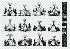 a set of black and white native american teepees, with trees on them