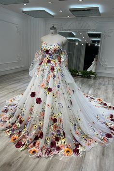 Fairytale Off The Shoulder Long Sleeve Colorful 3D Flowers Ball Gown Wedding Dress Multi Color Wedding Dress, Plus Size Wedding Dresses Colorful, Wedding Dresses Embroidery Flowers, Colorful Bridal Gown, Dress Covered In Flowers, Bright Floral Wedding Dress, White Wedding Dress With Colored Flowers, Colourful Floral Wedding Dress, Red Floral Wedding Dress