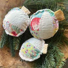 Handmade Vintage Quilt Christmas Ornament Bowl Filler Set of 3 | Antique Farmhouse Memory Christmas Ornaments From Shirts, Quilt Christmas Ornaments, Denim Ornaments, Repurposed Quilts, Quilt Ornaments, Quilted Christmas Gifts, Quilted Fabric Ornaments, Sewn Christmas Ornaments, Christmas Decorations Sewing