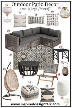 an outdoor patio decor mood board with gray and white accents, including wicker furniture