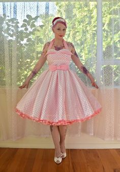 1950's 'Clover' Rockabilly Wedding Dress with Pink Polka Dot Overlay, Petal Bodice, Full Circle Skirt & Petticoat - Custom made to fit Rockabilly Wedding Dress, Wedding Dress With Pink, Rockabilly Wedding Dresses, Dot Overlay, Rockabilly Wedding, Bling Wedding Dress, Wedding Dress Flowy, Rockabilly Outfits, Silk Wedding Dress