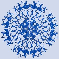 a blue and white snowflake with many people in it's center on a light blue background