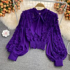 New style, court style, loose, super fairy, flounces, long sleeves, bow tie tie shirt, fashionable short topMaterial:blendedColor:green,white,black,purple,rose redStyle:stylishFeatures:bowknot,fairySize(CM):free 1inch=2.54cmlength:48,bust:100&ltp&gtAll items will arrive in 20-25 business days, if you have an emergency, please contact us to upgrade logistics.</p>&ltbr/>&ltp&gtNeed to add 15 dollars fast shipping(Arrive in 10-14 days).</p>&ltbr/> Fashion Week Dresses, Women Ruffle Blouse, Tie Shirt, Bow Collar, Purple Blouse, Wedding Guest Outfit Summer, Purple Rose, Chiffon Ruffle, Summer Fashion Outfits