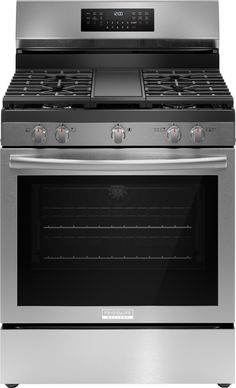 an oven that is stainless steel and has two burners on the front, and one with