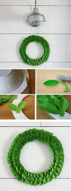 the steps to make a wreath out of paper leaves are shown in three different ways