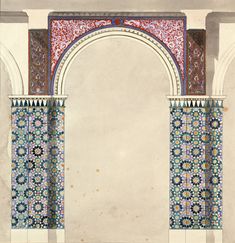 an ornate arch with blue and red tiles on it