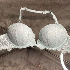 Never Worn, Halter Style Bra Elegant Blue Bra For Spring, Elegant Blue Spring Bra, Elegant Light Blue Bra With Padded Cups, Elegant Light Blue Padded Bra, Elegant Light Blue Victoria's Secret Bra, Elegant Light Blue Bra, Victoria's Secret Spring Push-up Bra, Elegant Victoria's Secret Spring Bra, Spring Light Blue Bra With Padded Cups