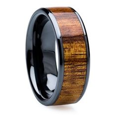 men's wedding band with black ceramic and wood inlay