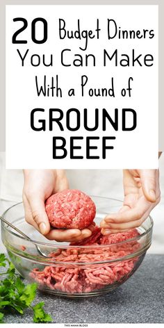 ground beef being put into a bowl with the words 20 budget dinners you can make with a pound of ground beef