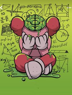 a cartoon character sitting on the ground in front of a green background with lots of calculations