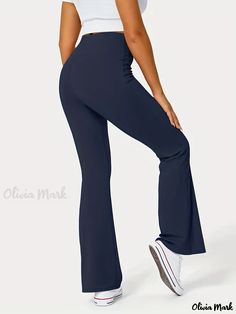 Olivia Mark - Womens Plus Size Sports Pants: Solid Crossover High Rise High Stretch Pants with Pipping Detailing Blue Workout Bottoms With Elastic Side Panels, Solid Yoga Trousers For Workout, Solid Color Workout Yoga Trousers, Workout Yoga Trousers, Navy High Stretch Bottoms For Sports, Navy High Stretch Sports Bottoms, High Stretch Navy Workout Bottoms, High-cut Gym Bottoms, Navy Stretch Bottoms For Gym