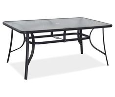 an outdoor table with glass top and metal legs