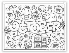 the word october is surrounded by halloween related items and symbols in black and white coloring pages