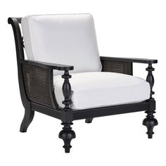 an outdoor chair with white cushions and black wood frame, on a white background photo