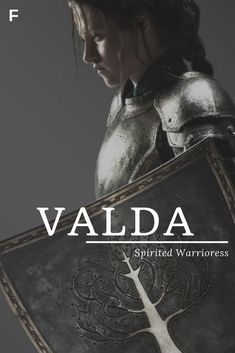 a woman in armor holding a shield with the words valda printed on it and an image of a tree