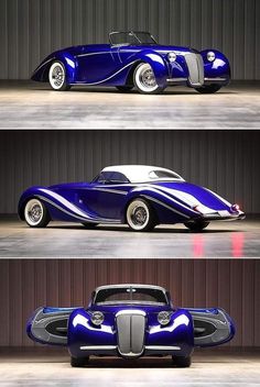 three different views of an old fashioned car in blue and white stripes, with the hood up