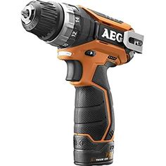 an orange and black cordless drill is on a white background with the word aeg written below it