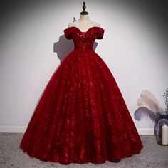 Off Shoulder Red Glitter Pageant Dress Women Off Shoulder Gown Prom, Burgundy Ball Gown, Puffy Prom Dresses, Masquerade Prom, Long Ball Gown, Red Quinceanera Dresses, Lace Burgundy Dress, Ball Gown Dress, Prom 2020