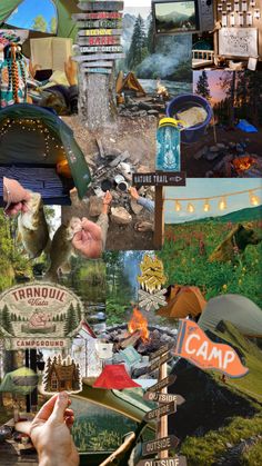 a collage of camping related images including signs, trees, and people in the background