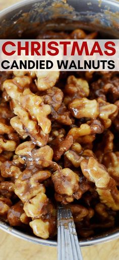 christmas candied walnuts in a silver bowl with a fork and title overlay