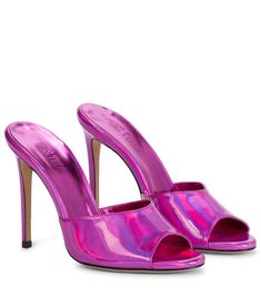 Toe shape: round open toe. exclusive to mytheresa.com. Lining: leather. Sole: leather insole and sole. Designer color name: Prisma Fuchsia . Made in Italy. Holographic Heels, Pink Mules, Italian Shoes, Stiletto Sandals