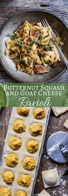 butternut squash and goat cheese ravioli on a baking sheet with a fork next to it